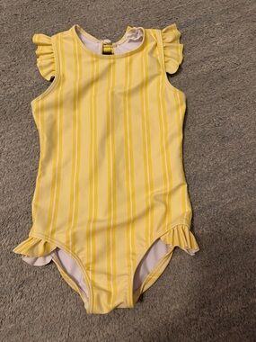 Mini Boden Yellow Stripe Ruffle Shoulder One-Piece Swimsuit